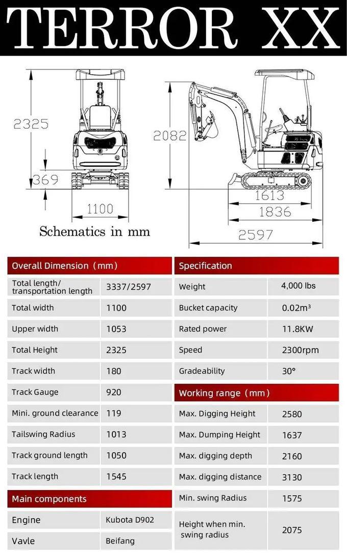 2025 4,000 lb TYPHON TERROR XX Mini Excavator Rubber Track with Kubota D902 Diesel Engine USA